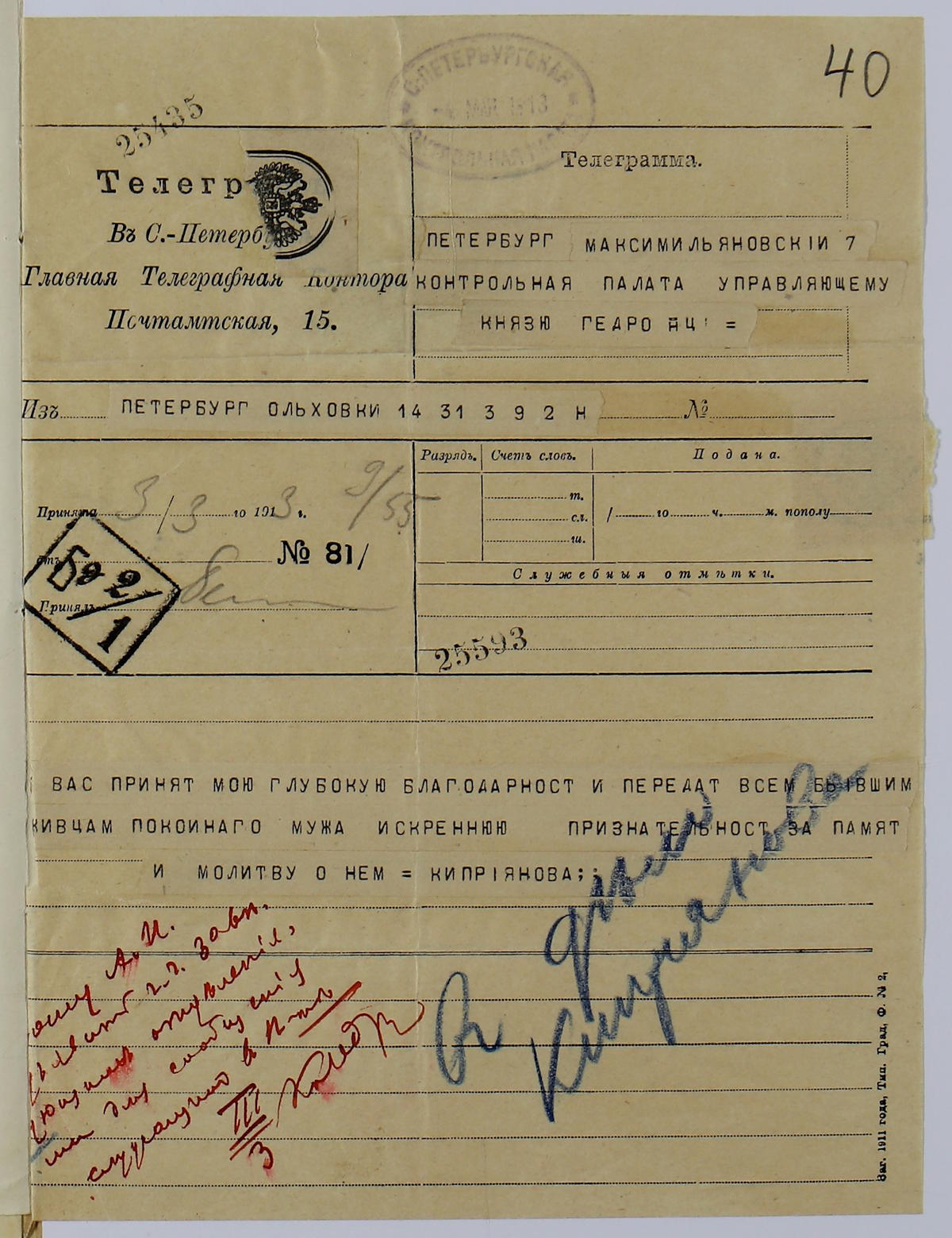 Дело Константина Георгиевича Киприянова - управляющего С-Петербургской контрольной палатой  (в 1906-1911 годах)